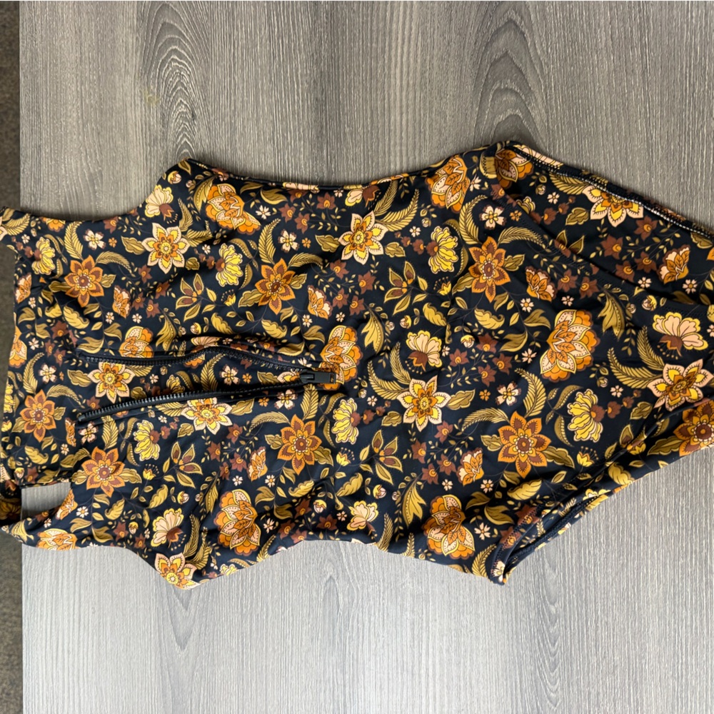Black Floral One-Piece Swimsuit with Zipper Detail